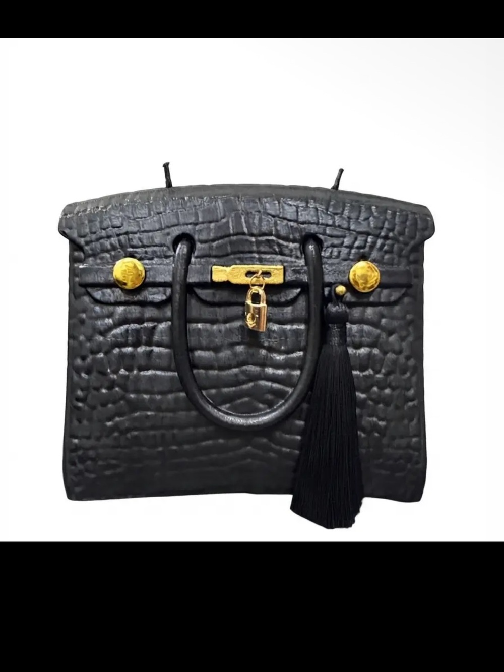 Black Croc-Texture Candle Holder with Gold Accents